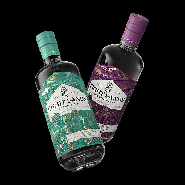 A render of the bottle and packaging design from Eight Lands distillery
